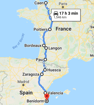 Driving Routes, France to Spain, Caen to Benidorm