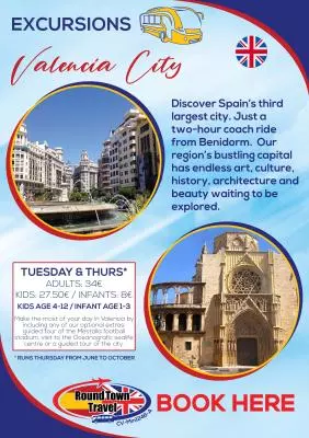 Excursion to the city of Valencia, runs every Tuesday all year and also Thursday from June to October. 