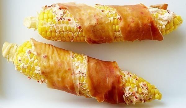 Corn on the Cob with Chilli Goat Cheese, and Ham