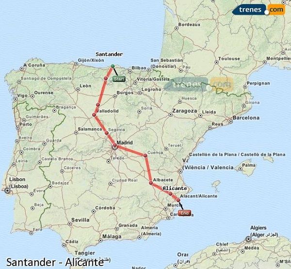 Train from Santander to Benidorm Map